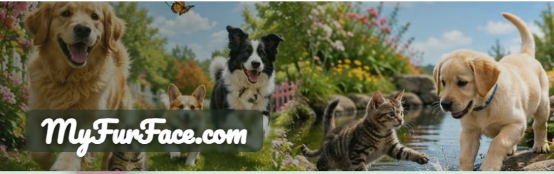 MyFurFace.com banner featuring dogs and cats in a garden