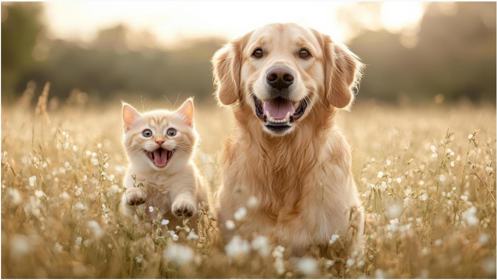 Kitten and golden retriever running together in a field