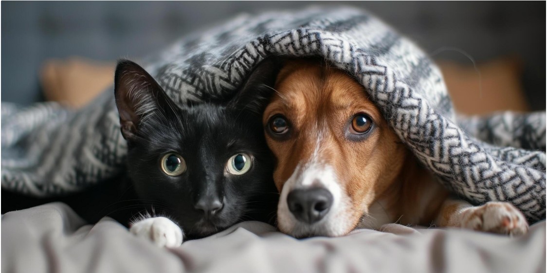 Black cat and beagle cuddled under a blanket