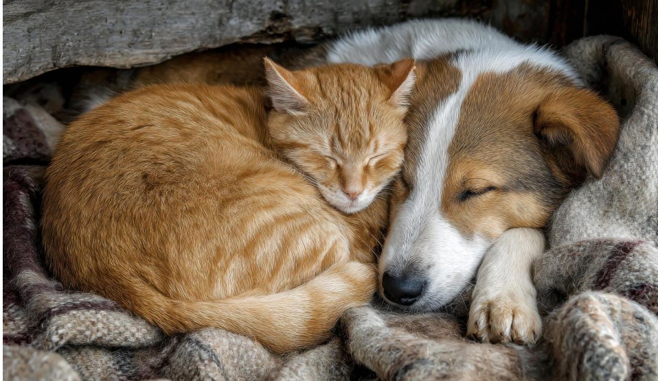 Ginger cat and puppy sleeping curled up together